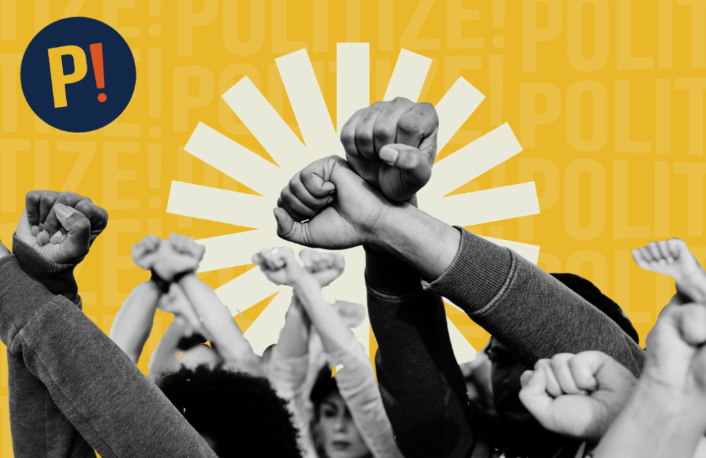 Imagen de capa con personas levantando los brazos representando la justicia social.