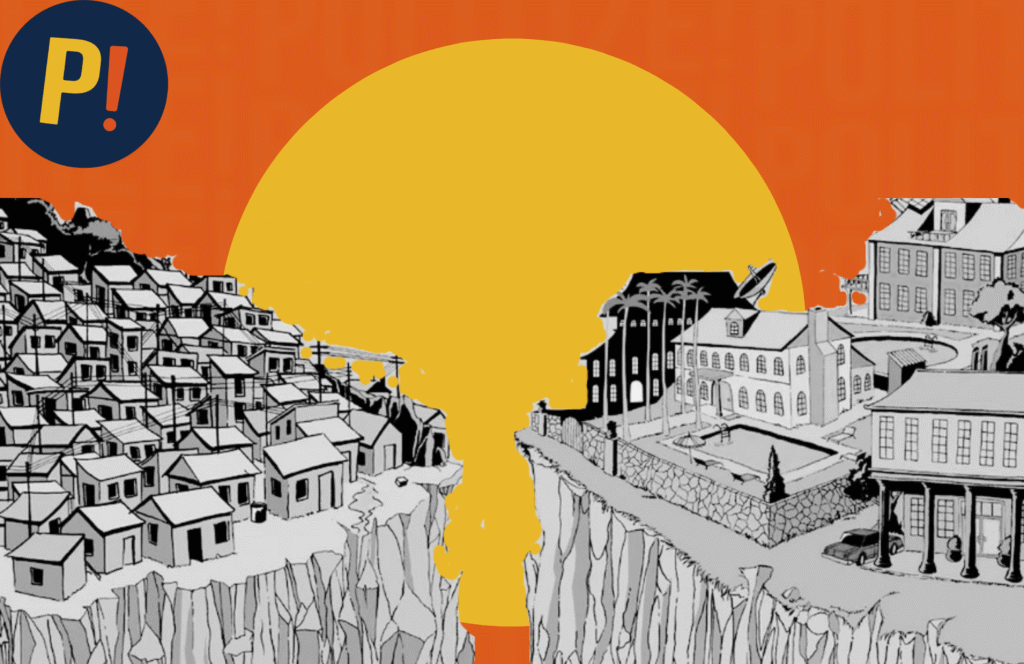 Imagen de una ciudad dividida en dos secciones, representando la desigualdad económica en la sociedad colombiana.