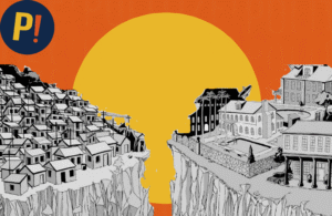 Imagen de una ciudad dividida en dos secciones, representando la desigualdad económica en la sociedad colombiana.