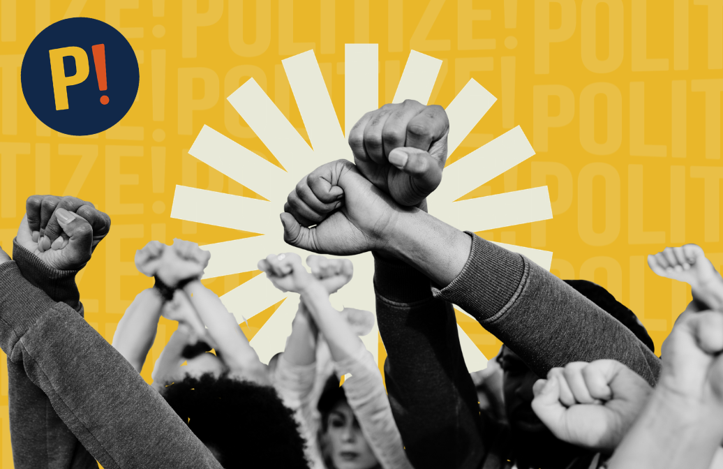 Imagen de capa con personas levantando los brazos representando la justicia social.